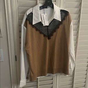 Elegant Tan and White Lace Blouse